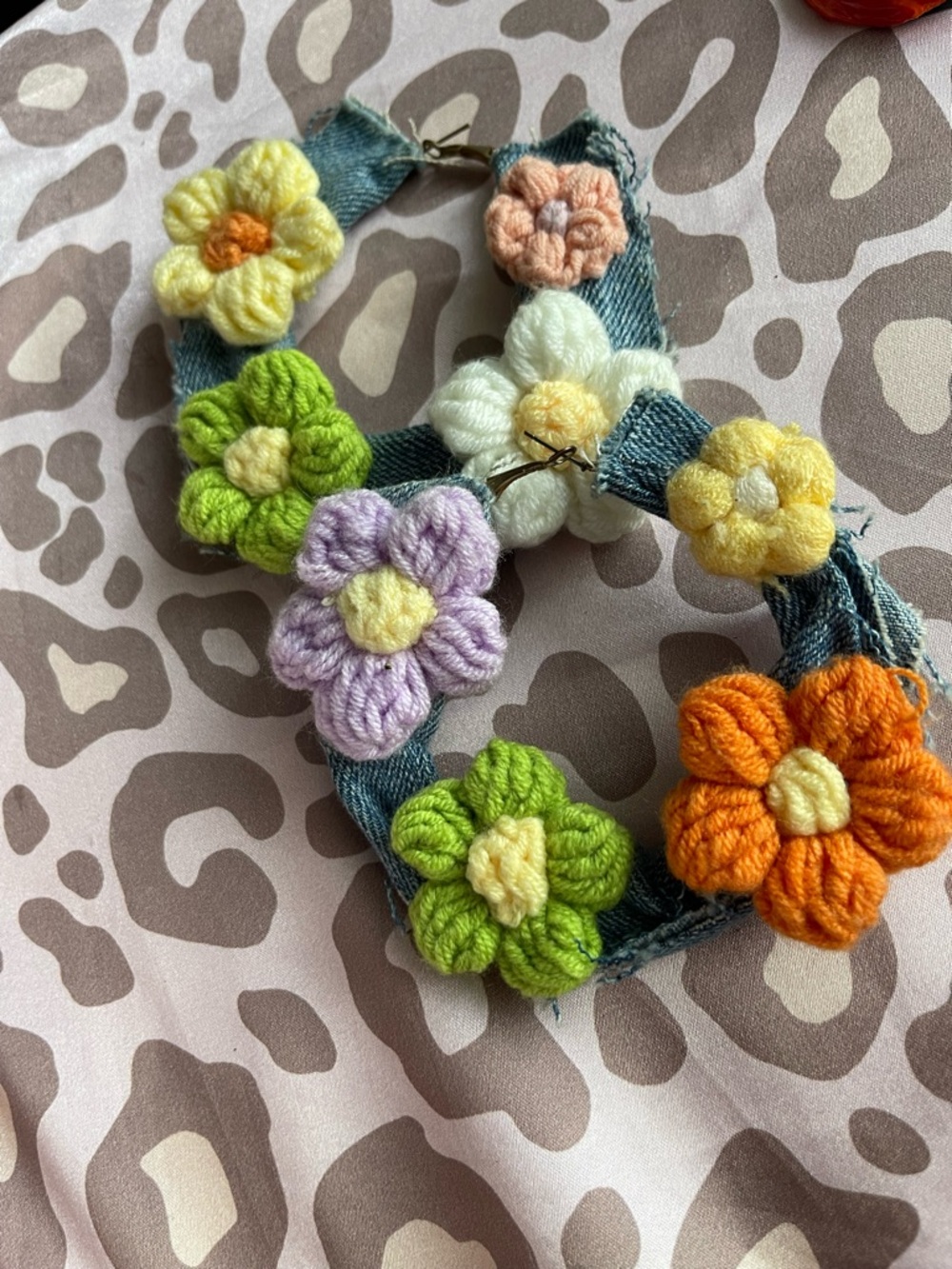 Handmade Crochet Flower Denim Hoop Earrings - Multi Color